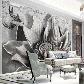 wellyu 3D háromdimenziós megkönnyebbülés lotus vintage cement TV kanapé háttér fal egyéni nagy falfestmény, zöld háttérkép